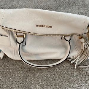 Michael Kors Large White Pebbled Leather Bag Black Trim Gold Chain and Tassel